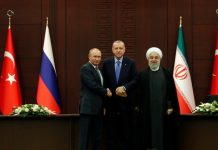 Turkey, Russia, Iran agree to ease tensions in Syria (From left) Presidents Vladimir Putin of Russia, Tayyip Erdogan of Turkey and Hassan Rouhani of Iran pose following a joint news conference in Ankara, Turkey, Sept. 16, 2019. REUTERS