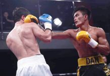 Negrense boxer Roldan Aldea connects a left straight to the face of Ravshanbek Umurzakov. RCC BOXING PROMOTIONS PHOTO