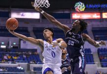 Ateneo fends off Adamson in UAAP basketball opener Ateneo Blue Eagles’ Ferdinand “Thirdy” Ravena tries to score past Adamson Falcons’ Lenda Douanga. UAAP PHOTO