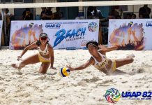 University of Santo Tomas Golden Tigresses’ Babylove Barbon and Gen Eslaplor fails to save the ball. UAAP PHOTO