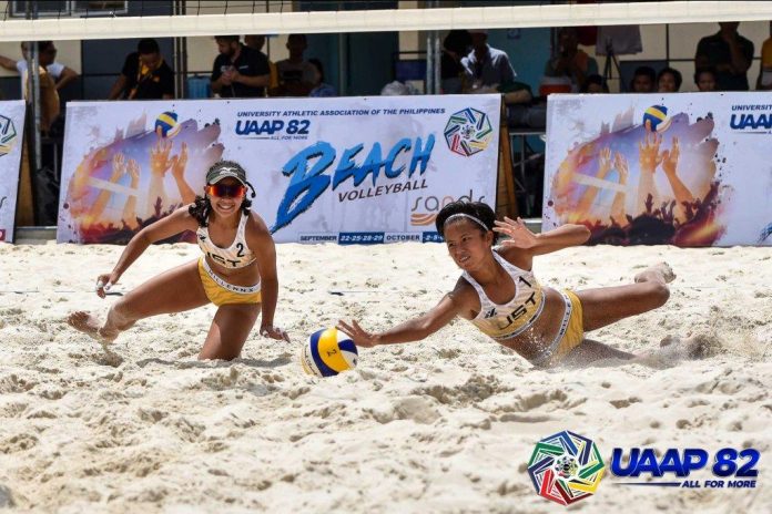 University of Santo Tomas Golden Tigresses’ Babylove Barbon and Gen Eslaplor University of Santo Tomas Golden Tigresses’ Babylove Barbon and Gen Eslaplor fails to save the ball. UAAP PHOTO