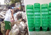 Un-hurting Mother Nature (Left Photo) A student looks for materials among piles of scrap. (Right Photo) Stacks of finished recycled trash bins.