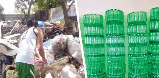 (Left Photo) A student looks for materials among piles of scrap. (Right Photo) Stacks of finished recycled trash bins.