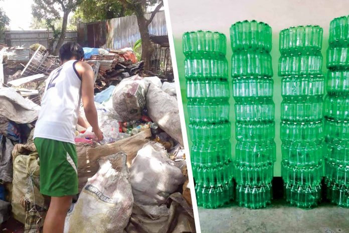 WIT Trash Bins (Left Photo) A student looks for materials among piles of scrap. (Right Photo) Stacks of finished recycled trash bins.