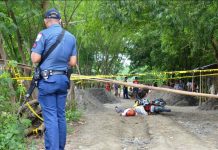 Motorcycle-riding gunmen shoot farmer AMBUSH SITE. A policeman inspects this crime scene in Barangay Cabugao Norte, Santa Barbara, Iloilo where a farmer was fatally ambushed while driving his motorcycle yesterday morning, Sept. 11, 2019. Probers say the attack could have been sparked by a land dispute. IAN PAUL CORDERO/PN