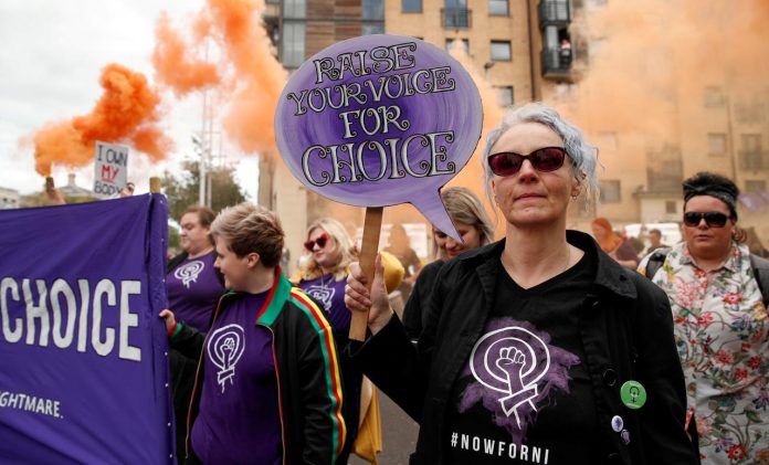 Pro-choice demonstrators take part in a march in Belfast, Northern Ireland on Sept. 7. REUTERS/JOHN SIBLEY