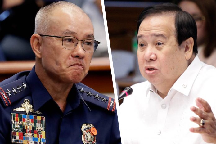 Senate Blue Ribbon Committee chair Sen. Richard Gordon (right) says former Philippine National Police chief General Oscar Albayalde and 13 other policemen should be charged for violating the provisions of the Anti-Graft and Corrupt Practices Act and for their alleged involvement in the reselling of confiscated illegal drugs.