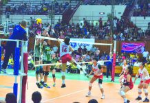 Players of PacificTown Army Lady Troopers fail to block the ball from the volley of Petro Gazz Angels’ Jonah Sabete at the University of San Agustin Gym in Iloilo City. IAN PAUL CORDERO/PN
