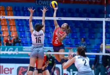 Negrense Bernadeth Pons of Petron Blaze Spikers evades the defense of Generika-Ayala Lifesavers’ Jamie Lavitoria for a drop shot. PSL PHOTO