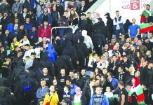Bulgarian fans leave the stadium during the Euro 2020 group A qualifying soccer match between Bulgaria and England, at the Vasil Levski national stadium, in Sofia, Bulgaria on Oct. 14, 2019. AP