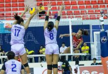 Cherry Rondina of Petron Blaze Spikers scores against Ejiya Laure of Foton Tornadoes. PSL PHOTO
