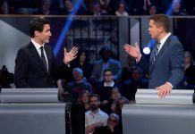 Opposition leader slams Trudeau in poll debate Conservative leader Andrew Scheer and Liberal leader Justin Trudeau gesture to each other as they both respond during the Federal leaders’ debate in Gatineau, Quebec, Canada on Oct. 7. JUSTIN TANG/POOL VIA REUTERS
