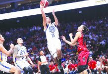 PBA GOVS’ CUP: San Miguel overcomes Road Warriors in Dubai Ilonggo Kiefer Ravena of NLEX Road Warriors goes for a layup against the defense of San Miguel Beermen’s Alex Cabagnot. PBA MEDIA GROUP PHOTO