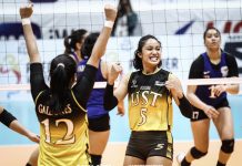 Imee Hernandez and Kecelyn Galdonez of the University of Santo Tomas Golden Tigresses rejoice after punching a ticket to the finals of the Premier Volleyball League Collegiate Conference. ABS-CBN SPORTS PHOTO