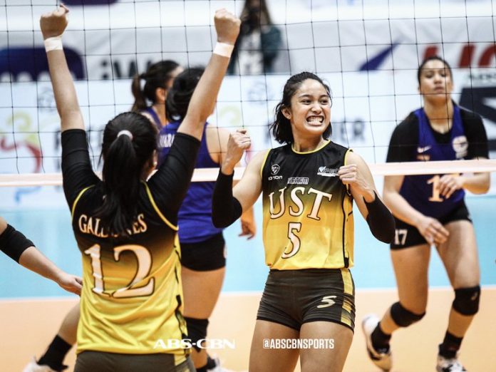 Imee Hernandez and Kecelyn Galdonez of the University of Santo Tomas Golden Tigresses rejoice after punching a ticket to the finals of the Premier Volleyball League Collegiate Conference. ABS-CBN SPORTS PHOTO