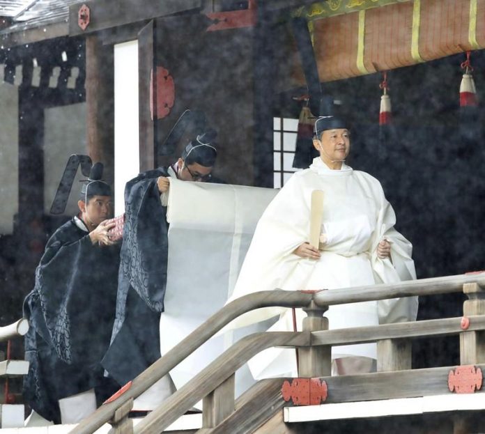 Japan’s Emperor Naruhito Japan’s Emperor Naruhito walks after a ritual called Kashikoro-omae-no-gi, a ceremony for the Emperor to report the conduct of the Enthronement Ceremony at the Imperial Sanctuaries, at the Imperial Palace in Tokyo, Japan on Oct. 22. MANDATORY CREDIT KYODO/VIA REUTERS