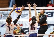 BanKo Perlas Lady Spikers’ Kathy Bersola bombs a hit towards a Chef’s Classics Lady Red Spikers defender. ABS-CBN SPORTS PHOTO