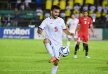 Mike Ott of Ceres-Negros FC is seeing action in the Philippine Azkals’ game against Maldives for the the 2022 FIFA World Cup and the 2023 Asian Cup joint qualification.
