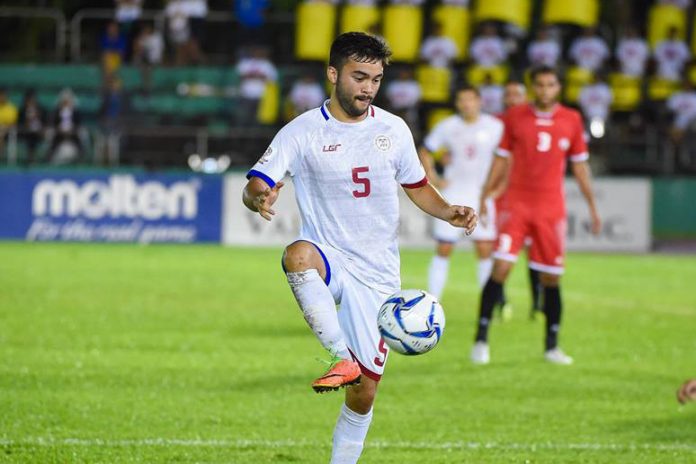 Mike Ott of Ceres-Negros FC is seeing action in the Philippine Azkals’ game against Maldives for the the 2022 FIFA World Cup and the 2023 Asian Cup joint qualification.