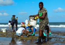 A man works to remove an oil spill on Muro Alto beach in Tamandaré, Pernambuco, Brazil. REUTERS