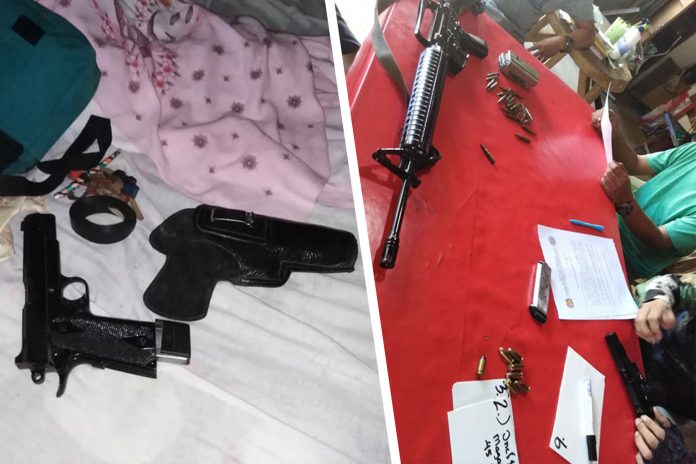 Firearms and bullets recovered from barangay councilmen Ronald Leonoras and his son Ernesto in separate house raids in Barangay Jerusalem, Cadiz City, Negros Occidental on Saturday. ROGER GUTIB/DYAG/SAGAY CITY