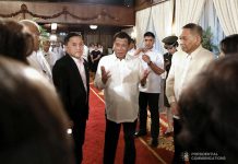 President Rodrigo Roa Duterte discusses matters with newly appointed Supreme Court Chief Justice Diosdado Peralta following the oath-taking ceremony at the Malacañan Palace on October 24, 2019. PCOO