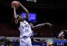 UST kicks out NU from UAAP caging Final 4 contention University of Santo Tomas Growling Tigers’ Rhenz Abando beats out National University Bulldogs’ Issa Gaye for the rebound. UAAP PHOTO