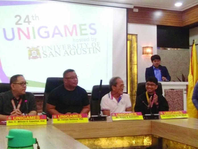 UNIGAMES 2019 USA Panelists (From left) Rev. Fr. Wilson Capellan, chair of media and publicity; Br. Felipe Belleza, over-all chairman of the University Games; Roger Banzuela, president and chairman of technical and games committee; and Fray Stephen Ong Tan, over-all chair of USA’s steering committee answer questions from the media during the press conference on Oct. 3 at the University of San Agustin in General Luna St., Iloilo City Proper. PN