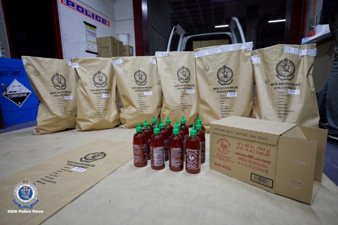 400 kilos of ‘ice’ seized in Australia Seized bottles of sriracha hot chilli sauce, which were later found to conceal “crystal meth or ice,” are seen in Sydney, Australia on Oct. 15. MANDATORY CREDIT NEW SOUTH WALES POLICE FORCE/HANDOUT VIA REUTERS