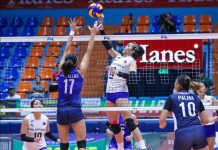 Ilongga Abigail Marano of the Philippine team scores against the defense of fellow Ilongga Fiola Ceballos of PSL Shine. PSL PHOTO