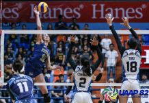 National University-Nazareth School Lady Bullpups’ Alyssa Solomon scores against the defense of the Adamson University Baby Falcons. UAAP PHOTO