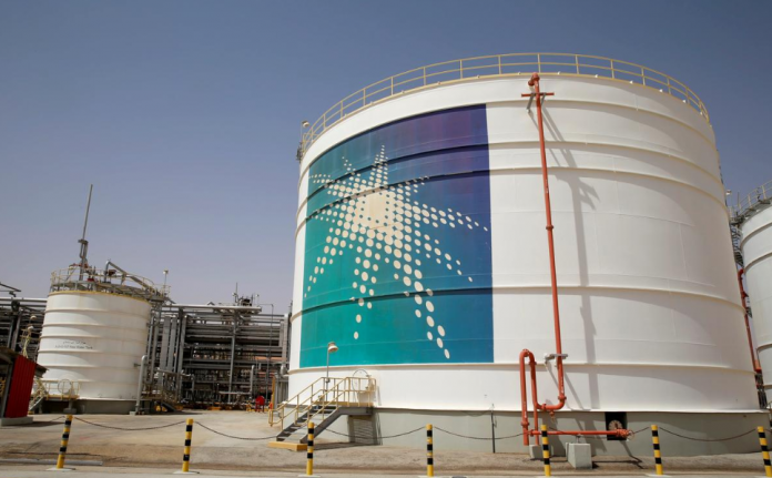 An Aramco oil tank is seen at the Production facility at Saudi Aramco’s Shaybah oilfield in the Empty Quarter, Saudi Arabia. Saudi Arabia on Sunday put a value of up to $1.71 trillion on energy giant Aramco in what could be the world’s biggest initial public offering. AHMED JADALLAH/REUTERS