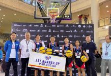 The Region VI Bacolod team of Kaye Pesquera, Shalimar Dublar, Hallyza Quiatchon, and Charity Grace Gicana finished runner-up in the girls basketball event of the Samahang Basketbol ng Pilipinas (SBP) 3x3 U-18 Basketball Pambansang Tatluhan on Oct. 30, 2019 at Robinsons’ Place in Ermita, Manila. PHOTO COURTESY OF BAYANI LADRIDO