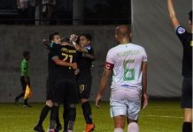 Ceres-Negros FC’s Robert Lopez Mendy is hugged by teammates Bienvenido Marañon and Angelo Marasigan after netting a goal against the Green Archers United FC. PFL PHOTO