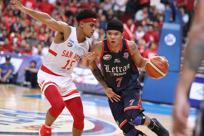 Colegio de San Juan de Letran Knights’ Jerrick Balanza Colegio de San Juan de Letran Knights’ Jerrick Balanza attacks San Beda University Red Lions’ James Canlas. ABS-CBN SPORTS PHOTO