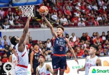 Letran Knights’ Fran Yu stretches for a layup. TIEBREAKER TIMES PHOTO