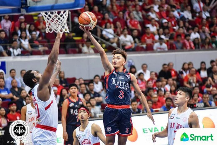 Fran Yu Letran Knights’ Fran Yu stretches for a layup. TIEBREAKER TIMES PHOTO