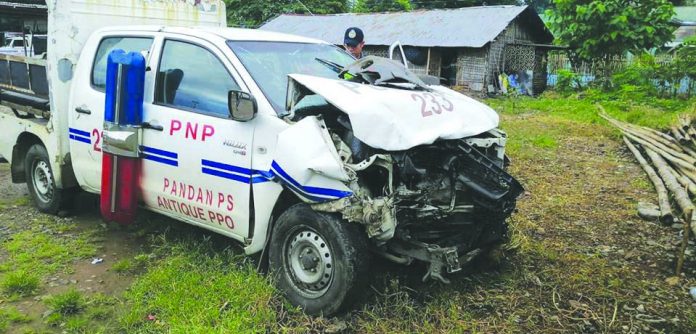 Pandan municipal police station Heavy damage is seen in the front portion of this patrol car of the Pandan municipal police station. POLICE CAPTAIN BRYAN ALAMO