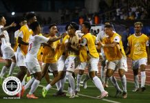 SEA Games Football: U-22 Azkals forces Cambodia to draw Members of the Philippines U-22 Azkals mob Dennis Chung after scoring the game-tying goal against Cambodia. TIEBREAKER TIMES PHOTO