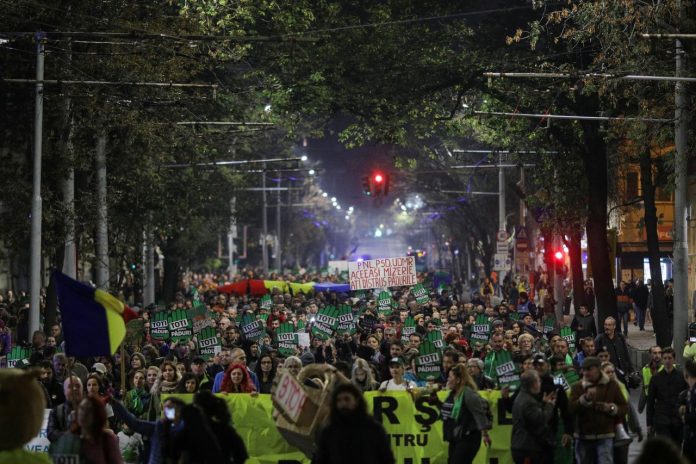 People march against widespread illegal logging and lack of policy response in Bucharest, Romania on Nov. 3. INQUAM PHOTOS/OCTAV GANEA VIA REUTERS