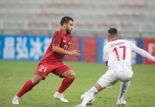 A Syrian player tries to dribble the ball past Stephen Schrock of the Philippine Azkals in their second round matc up in the joint 2022 FIFA World Cup and 2023 Asian Cup Qualifiers held in Dubai on Tuesday. AFC