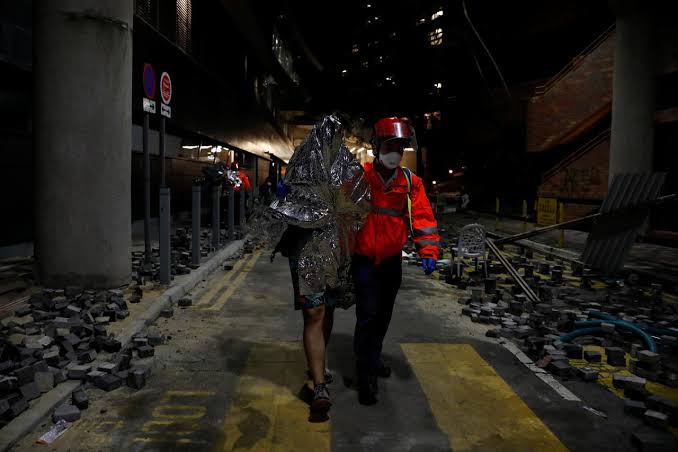 US House passes Hong Kong rights bills A protester is escorted by a medical staff out of a university in Hong Kong, China on Nov. 20. REUTERS/ADNAN ABIDI