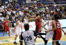 Barangay Ginebra San Miguel Kings’ Stanley Pringle scores against NorthPort Batang Pier’s Christian Standhardinger. PBA PHOTO