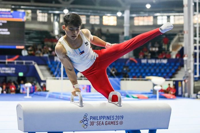 Carlos Edriel “Caloy” Yulo GOLDEN BOY. World champion Carlos Edriel “Caloy” Yulo put on a show in front of his fellow Filipinos en route to a gold medal finish in the individual all-around event in men’s artistic gymnastics yesterday at the Rizal Memorial Coliseum. Yulo, who qualified to the 2020 Tokyo Olympics through the World Championships in Stuttgart in October, served notice of his gold medal intentions with a superb showing in the floor exercise, his pet event. ABS-CBN SPORTS