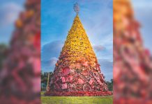Negros town mounts eco-friendly Christmas tree This giant Christmas tree in Pontevedra, Negros Occidental is adorned with decorations made from recycled materials. PHOTO COURTESY OF RMN BACOLOD