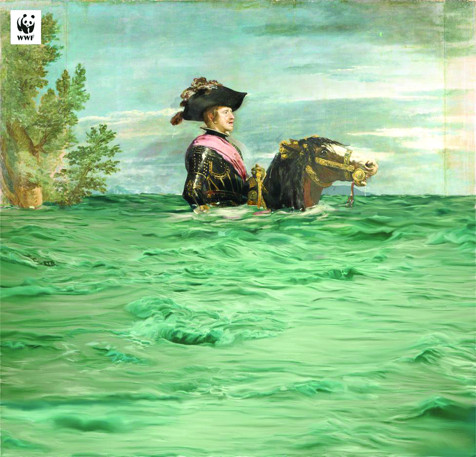 Felipe IV a Caballo (Philip IV on Horseback) by Diego Velázquez is used to highlight the issue of rising sea levels. ( 1 - MUSEO DEL PRADO), (2 - WWF SPAIN/MUSEO DEL PRADO)