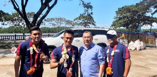 Rogen Ladon, who won in the men's flyweight division and James Palicte in the men's Light welterweight division, arrived yesterday in Bago City, Negros Occidental. MAE SINGUAY/PN