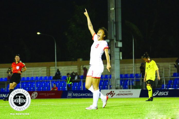 Sarina Bolden rejoices after completing a hat trick for the Philippine women’s football team. TIEBREAKER TIMES PHOTO