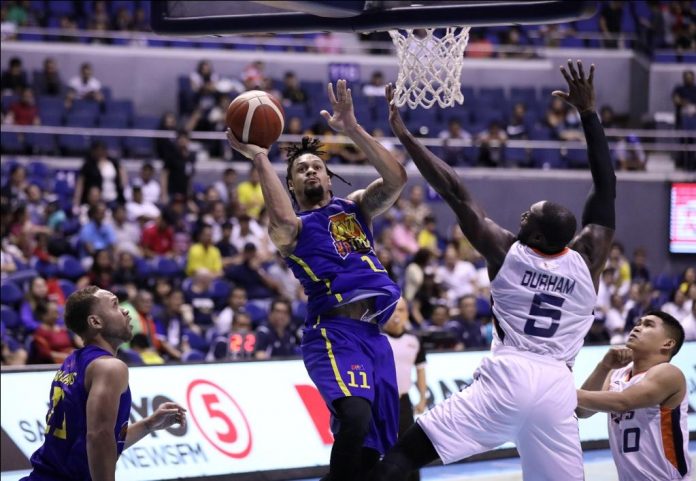 TNT KaTropa’s KJ McDaniels TNT KaTropa’s KJ McDaniels goes for a tough inside hit. PBA PHOTO