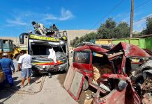 16 dead in Peru highway crash Men stand near the wreckages of a passenger bus and a vehicle that collided in Arequipa, Peru on Jan. 6. REUTERS/JAVIER SANTIAGO
